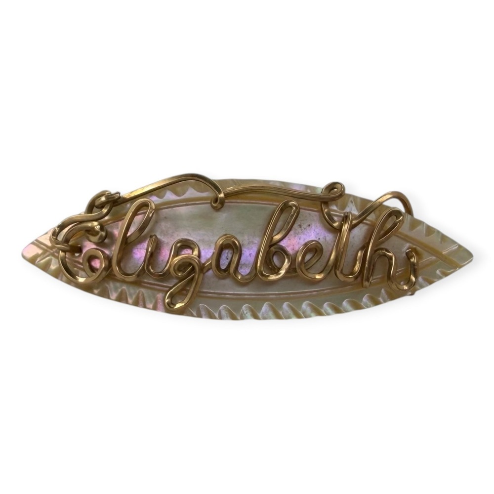 Vintage Brooch Mother of Pearl Elizabeth Name Gold Tone Wire Wrap
